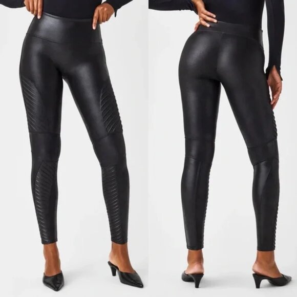 Spanx Women’s Faux Leather Moto Style Leggings Sz Small Black Shapewear Fitness - Picture 1 of 16
